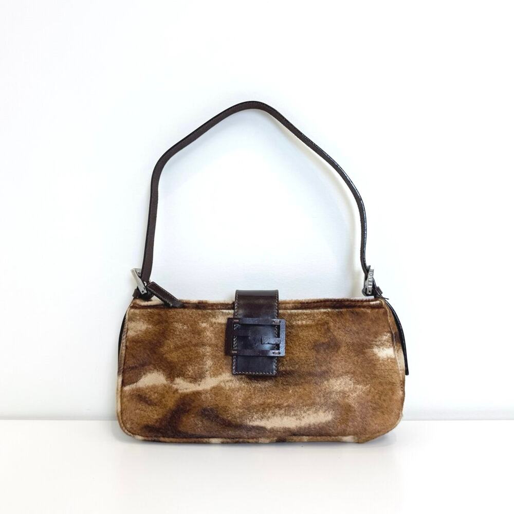 FENDI Tan Pony Hair Baguette Shoulder Bag Brown Leather FF Logo Handbag Fall Y2K